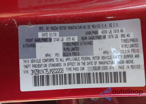 2018 Mazda Mazda3 Sport из США, поврежденный, VIN 3MZBN1K75JM202208